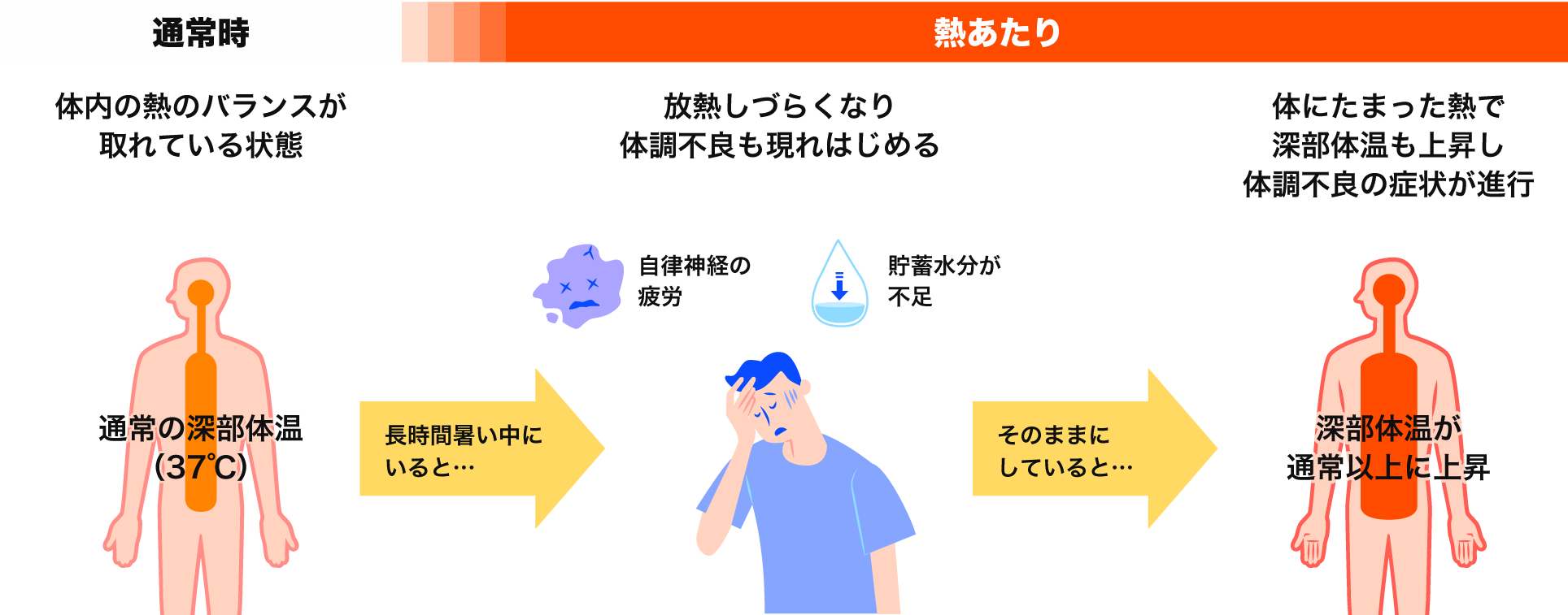 平常時：体内の熱のバランスが取れている状態→長時間暑い中にいると…→放熱しづらくなり体調不良も現れはじめる（自律神経の疲労・貯蓄水分が不足）→そのままにしていると…→体にたまった熱で深部体温も上昇し体調不良の症状が進行してしまいます。