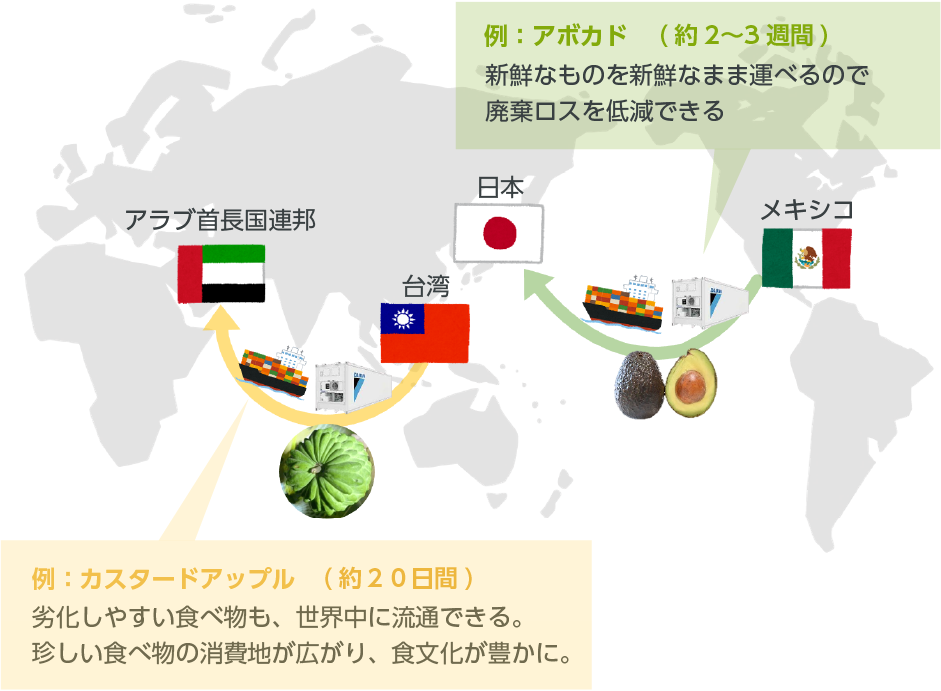 「酸素量と二酸化炭素量をコントロールする技術」によって世界中のさまざまな食べものが新鮮なまま食卓に