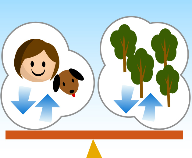 人間と動物、植物がすったりはいたりする酸素と二酸化炭素のバランスは一定にたもたれていた