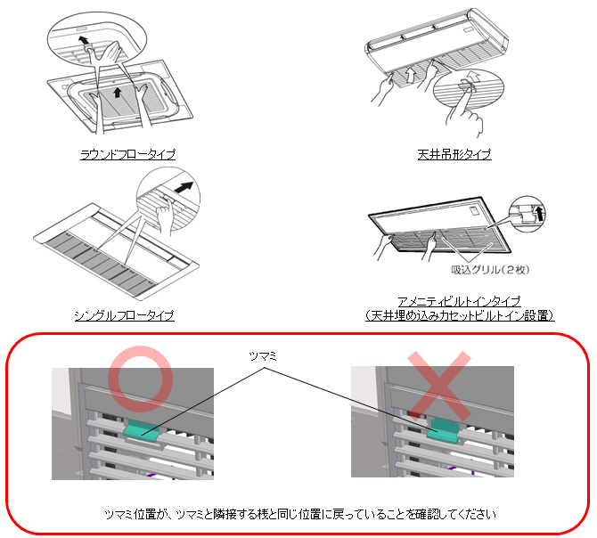 吸込グリル内の爪で固定するタイプ